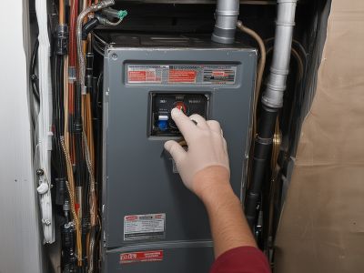 Technician replacing furnace components during repair