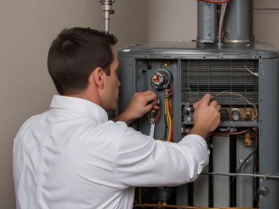 Professional technician diagnosing furnace control panel