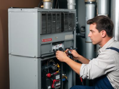 Technician performing furnace maintenance and inspection